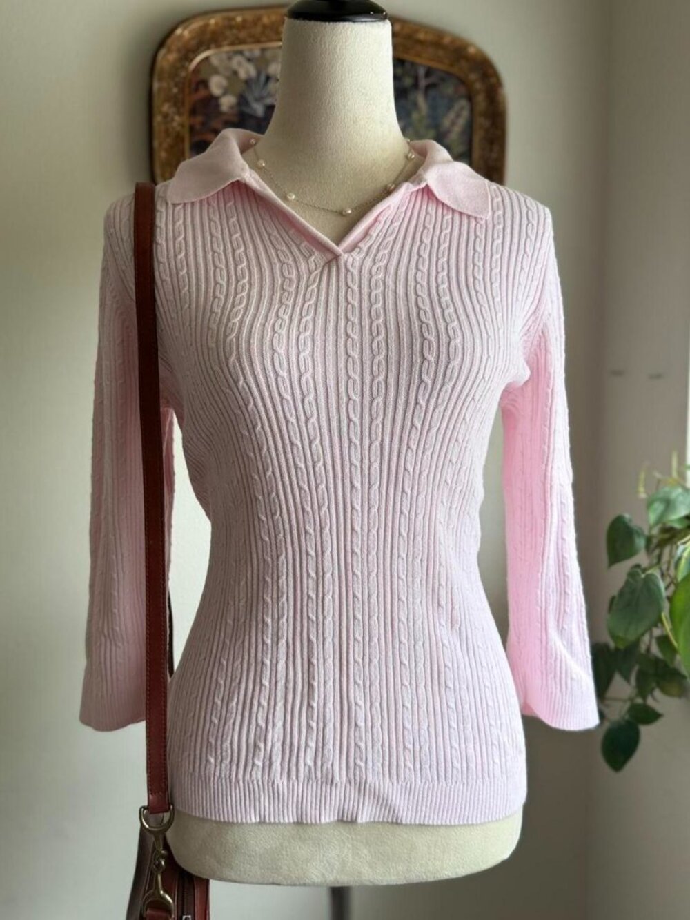 Vintage 2000s baby pink ink cable knit collared sweater